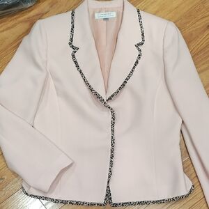 Tahari ASL Light Blush Pink Blazer with Leopard-Print Trim